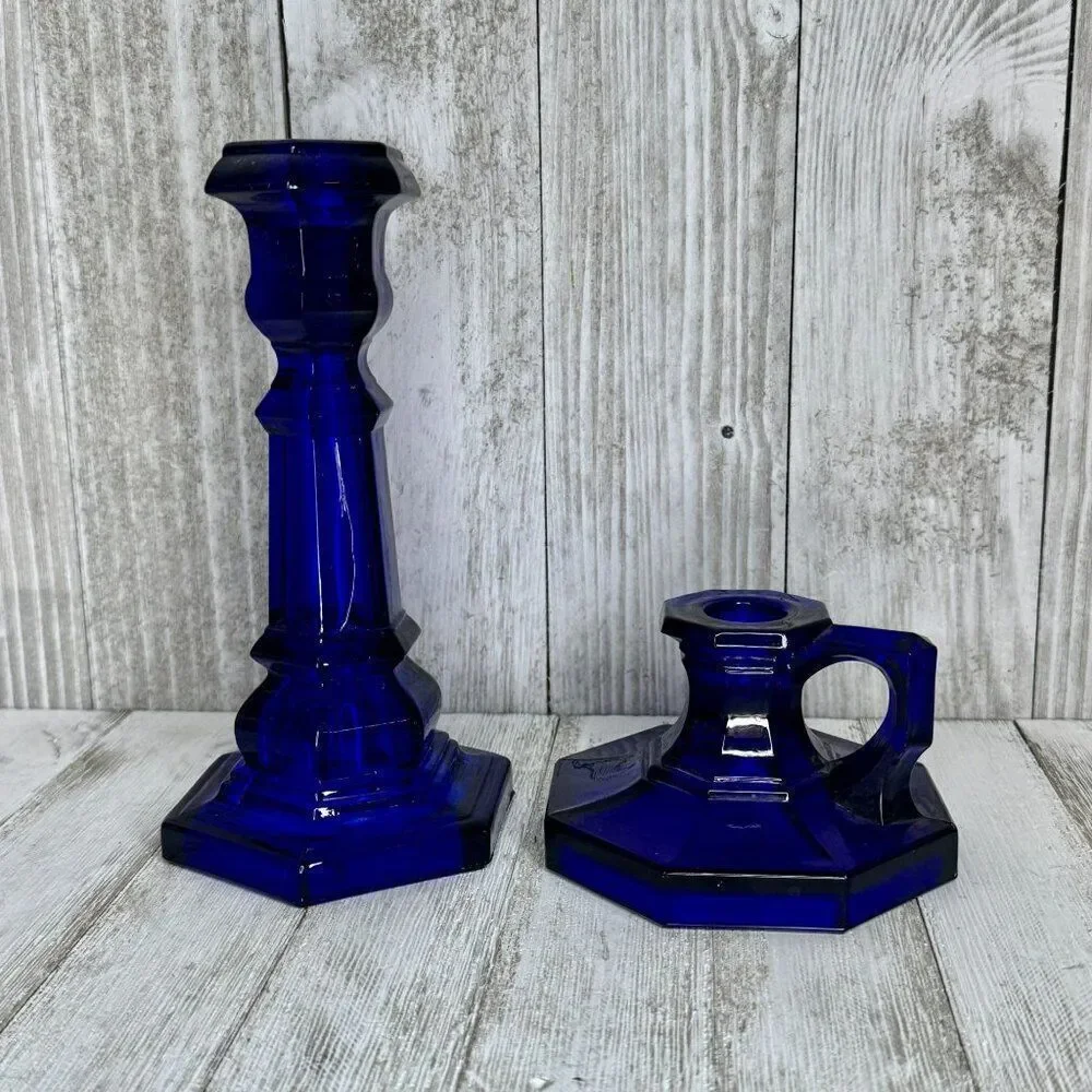 Vintage Cobalt Blue Glass Candle Holders Set of Two